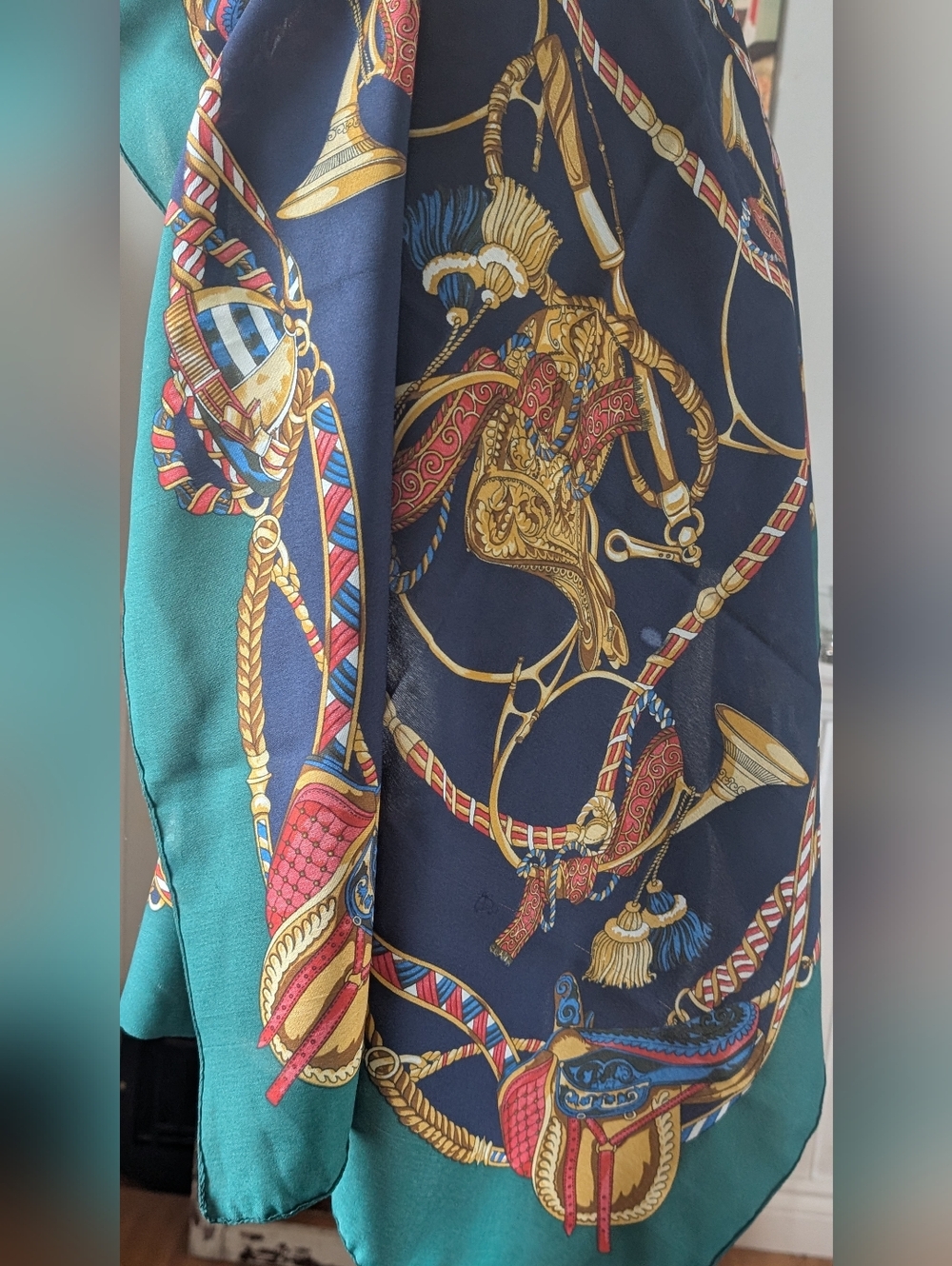 OLGA Greco Printed Scarf in Navy, Emerald & Gold - Picture 7 of 10